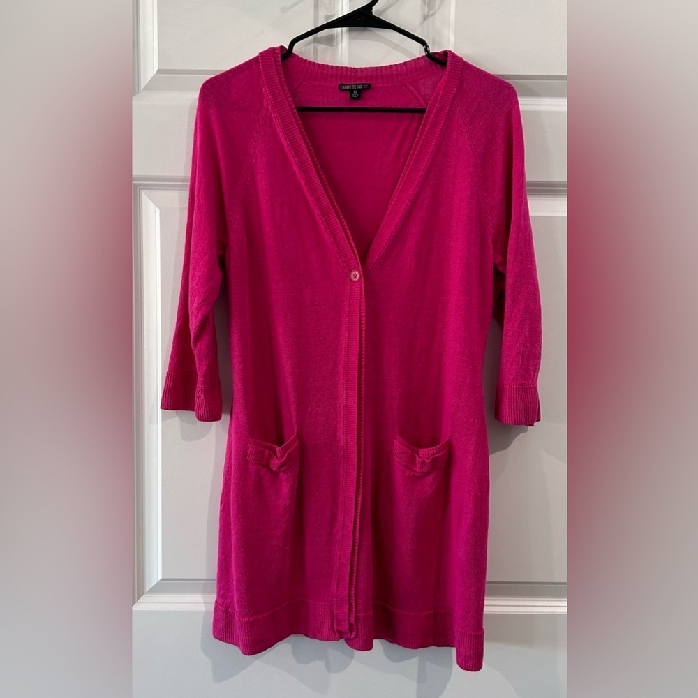 Lafayette 148 100% Linen Long Line Cardigan Sz M Pink Single Button Classy Girly